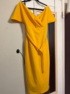 SHEIN Bright Yellow One-Shoulder Wrap Midi Dress